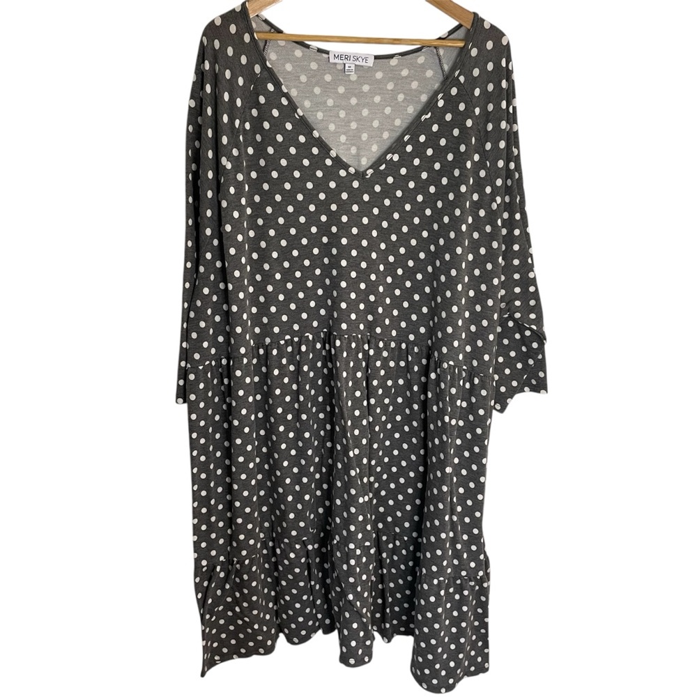 Meri Skye Grey Polka Dot Midi Dress With Short Sleeves Size 5X plus midi